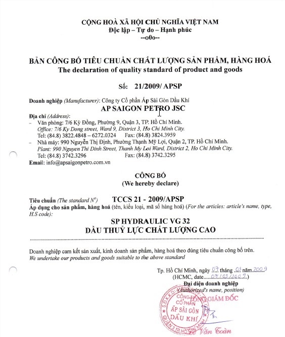 bảng công bố chất lượng dầu thủy lực SP Hydraulic VG 32 