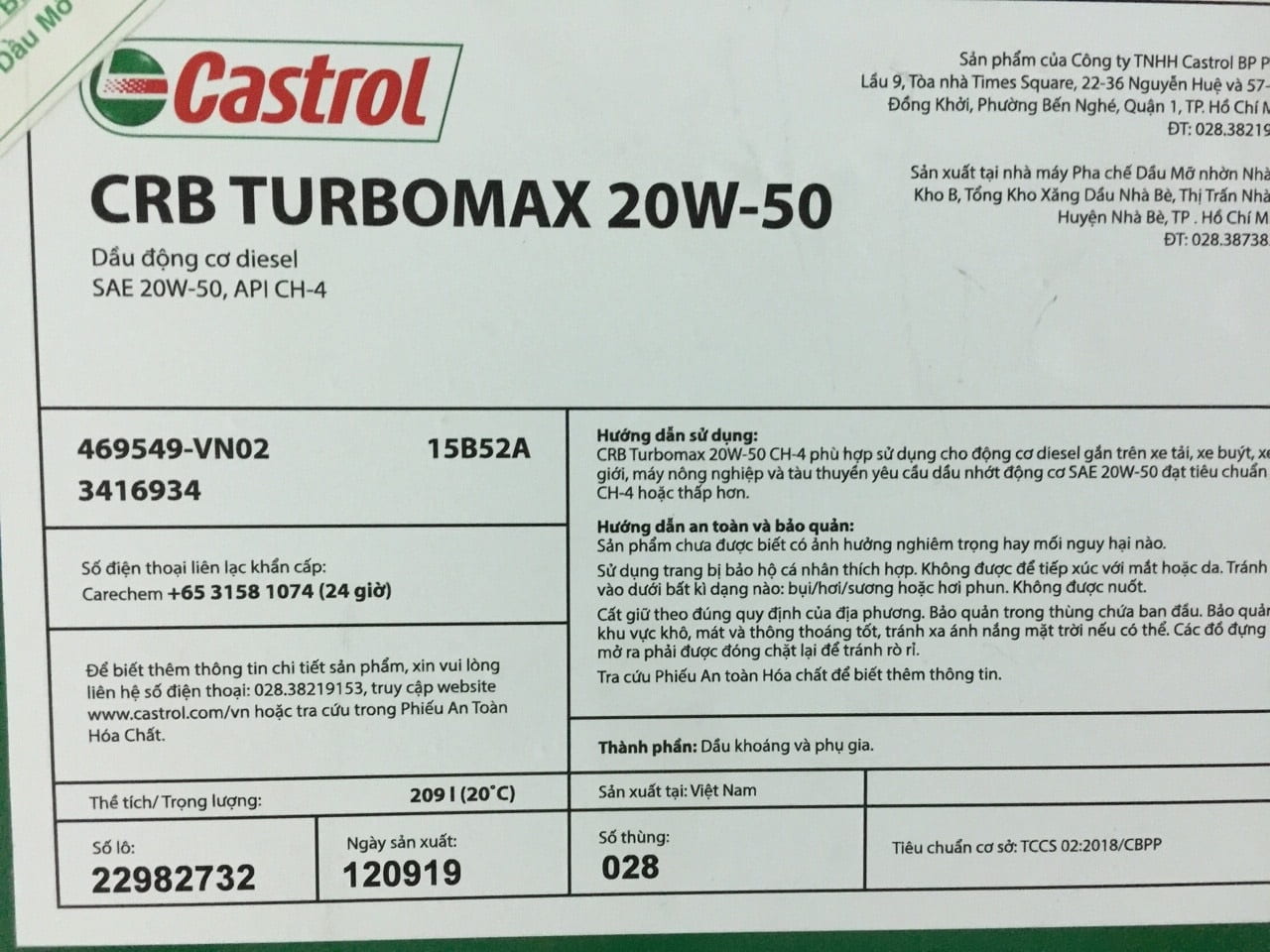 Dầu động cơ Castrol CRB Turbomax 20W90 Phuy 209L